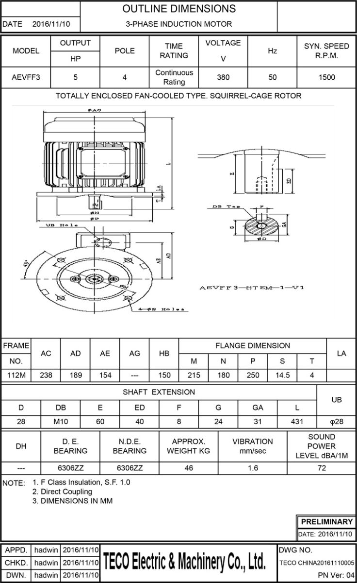 東元AEVF 3.7KW 4P電機(jī)尺寸圖